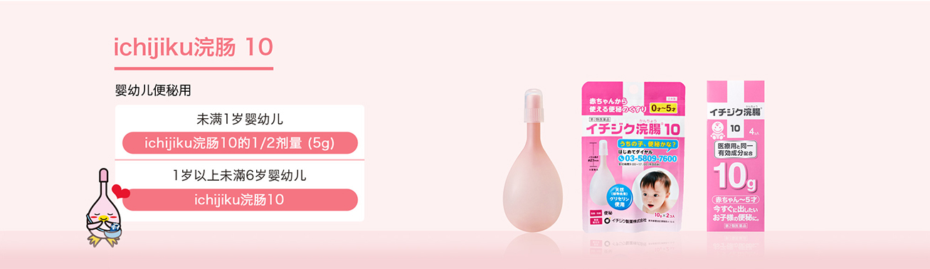 婴幼儿便秘用  未满1岁婴幼儿　▶　ichijiku浣肠10的1/2剂量 (5g)  1岁以上未滿6岁婴幼儿　▶　ichijiku浣肠10